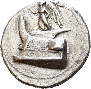 KINGS OF MACEDON, Demetrios I Poliorketes (306/5-283 BC). AR tetradrachm (16,72 g). Struck in Salamis or Miletos? 300-295 BC. Nike standing left on a prow, blowing a trumpet and holding a stylis / BASI?EOS ?HMHTPIOY, Nude Poseidon advancing left, brandishing trident from his upraised right hand; monogram HP in left field; to right, bipennis. Obverse slightly off-centre.