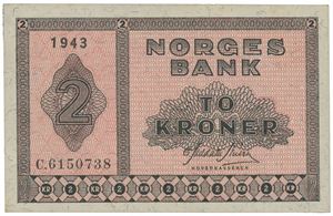 2 kroner 1943 C 6150738.   En liten papirskade.