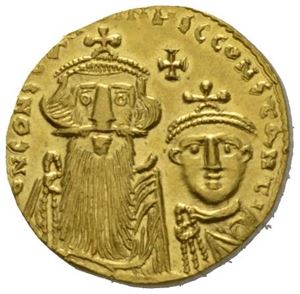 CONSTANS II 641-668, solidus, Constantinople (4,38 g). R: Kors på tre trinn.