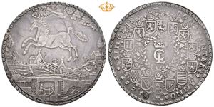 Löser/4 taler 1657. (114,50 g). Clausthal. Verdimerke "4" stemplet inn på revers, små kantmerker / countermark with value "4" on the reverse, small edge marks