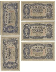 Lot 5 stk. 10 kroner 1931 P, 1937 W (2), 1938 X og 1941 A