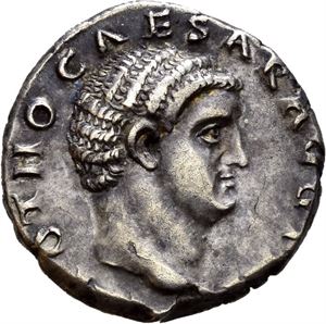 Otho. AD 69. AR denarius, Roma AD 69, (3,50 g). Bare head of Otho right / SECVRITAS P R, Securitas standing, holding wreath and sceptre. Very nice portrait of Otho. Lightly toned with darker patches.