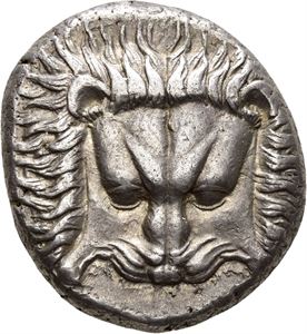 IONIA, Samos, 408/4-380/66 f.Kr., tetradrachme (15,23 g). Løveskalp/Okse mot høyre