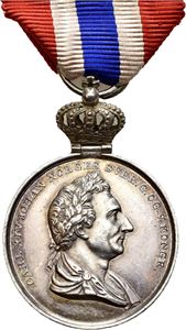 Carl XIV Johan. Medalje for Borgerdaad. Lundgren. Sølv med hempe og bånd. 27 mm