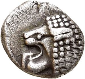 IONIA, Miletos 6.-5. årh. f.Kr., obol (1,13 g). Løvehode mot venstre/Stjerne
