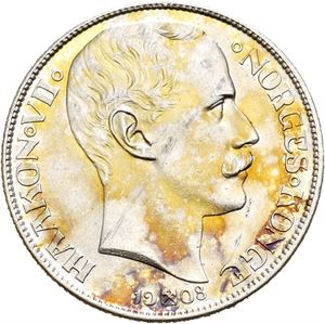 Haakon VII. 1 krone 1908, myntmerke på plate. Ripe på advers/scratch on obverse