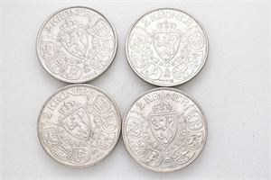 Haakon VII, lot 4 stk. 2 kroner 1908, 1913, 1914 og 1915