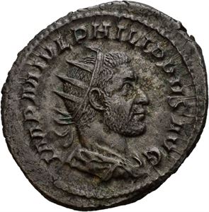 Philip I 244-249, antoninian, Roma 245 e.Kr. R: Philip sittende mot venstre