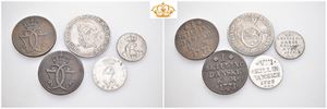 Lot 5 stk. 1/3 speciedaler 1789 Schleswig-Holstein, 8 skilling 1783, 4 skilling 1807, 1 skilling 1771 (2)