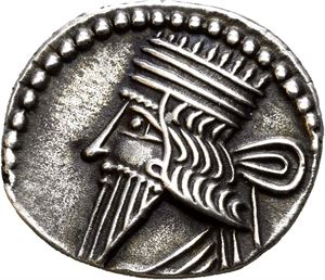 KINGS of PARTHIA. Vologases III (circa AD 105-147). AR drachm (2,92 g). Ekbatana mint. Diademed and draped bust of Volugases to left / Archer (Arsakes I) seated right on throne, holding bow; monogram below bow. Darkly toned with silver highlights.