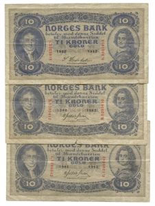 Lot 3 stk. 10 kroner 1932. S3303915 samt 10 kroner 1942 B og C