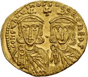 Constantin V Copronymus 741-775, solidus, Constantinople 751-757 e.Kr. (4,45 g).  Byster av Constantin og Leo IV/Byste av Leo III