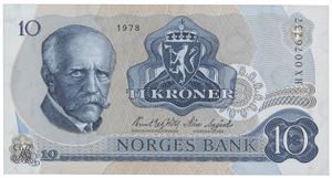 10 kroner 1978. HX0076737. Erstatningsseddel/replacement note