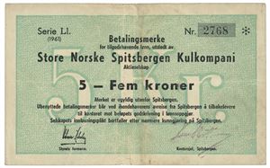5 kroner 1961. Serie Ll. Nr. 2768.