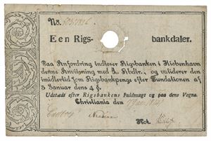 Norway. 1 rigsbankdaler 7. januar 1814. No. 403782b. Hull i blindstempelet og litt skitten/hole in the embossed stamp and dirty