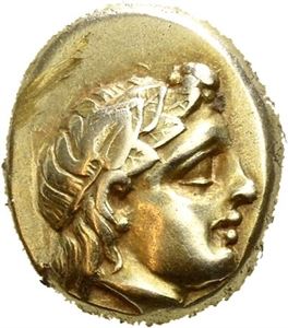 LESBOS, Mytilene. Circa 377-326 BC. EL hekte (2,55 g). Head of Dionysos to right, wreathed with ivy / Horned male head, wearing tainia. All within square frame. Small scrape on obverse. A few hairlines. Scarce.