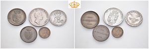 Frederik VI. Lot 5 stk. 1 rigsbankdaler 1813, 1/6 rigsdaler 1808, 12 skilling 1813, 6 skilling 1813 og 3 skilling 1812