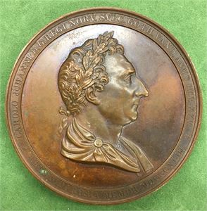 Carl XIV Johan, kongens 25 års regjeringsjubileum 1843. Lundgren. Bronse. 60 mm