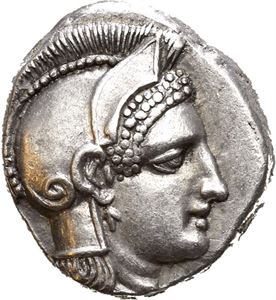 THESSALY, Pharsolos. Mid-late 5th century BC. AR hemidrachm (3,11 g). Head of Athena in crested Attic helmet to right, with facing eye / FA across upper field, PS (retrograde) across lower field; horse head to right. Bankers marks on reverse. Good metal quality. Lightly toned.