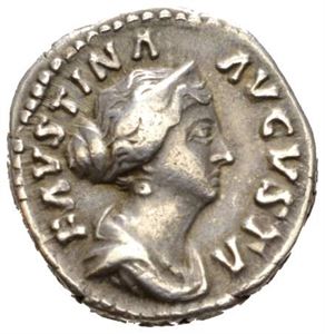 FAUSTINA JR. d. 175 e.Kr., denarius, Roma 161 e.Kr. R: Trone med tvillingene Commodus og Antoninus