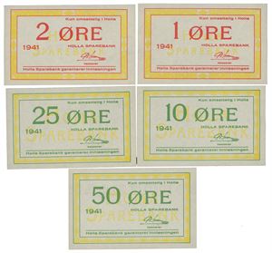Holla Sparebank. 1, 2, 10, 25 og 50 øre 1941.
