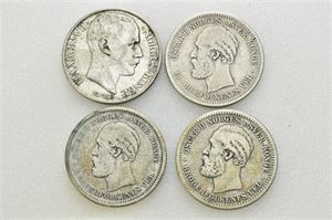 Lot 4 stk. 1 krone 1889, 1894, 1898 og 1908 på plate