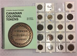 Samling 19 polletter i varierende kvalitet. Flere spennende, f. eks. Newfoundland Ship token 1858 (NF-3A1), en svært sjelden polett, katalogverdi 4000 kanadiske dollar alene. Pen samling, med stort spenn og variasjon. Følger også med Canadian Colonial Tokens 9th edition