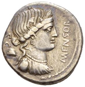 L. FARSULEIUS MENSOR 75 f.Kr., denarius. Byste av Lebertas mot høyre/Kriger i biga mot høyre. Lite testmerke på revers/minor test mark on reverse