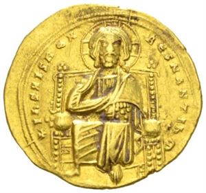 ROMANUS III 1028-1034, histamenon nomisma (4,38 g). Kristus på trone/Jomfruen og Romanus stående.