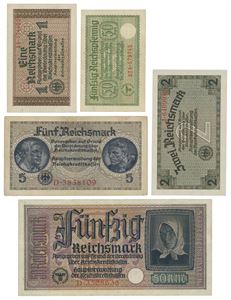 Germany. Lott 5 stk. 50 pfenning, 1, 2, 5 og 50 reichsmark 1940-45.