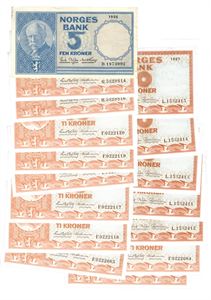Lot 16 stk. 10 kroner 1967L (5), 1972F (8), 1972H (2) og 5 kroner 1956D. 5 kronen 1+ resten 0/01.