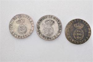 Norge, Christian VII, lot 3 stk. 1/15 speciedaler 1797 (samtidig forfalskning), 1798 og 1801