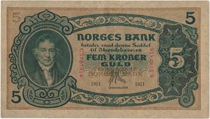 5 kroner 1911. C5707816. (Antikva seddelnummer)