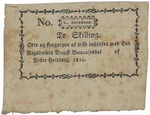 2 skilling 1810. Privat banknote C. Sørensen, Vester Hvidbjerg, Mors.