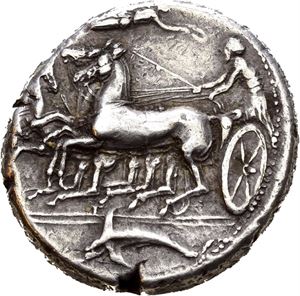 SICILY, Syracuse. 405-395 BC. AR tetradrachm (17,47 g). Engraved by Eukleidas and struck under Dionysios I (405-367 BC). Fast quadriaga advancing left, driver crowned by Nike flying right above; dolphin in exergue / &Sigma;YPAKO&Sigma;I&Omega;N, Head of Arethousa left, wearing broad headband. Well struck and nicely toned.