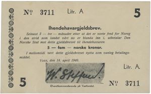 General William Steffens. 5 kroner 1940. No. 3711.