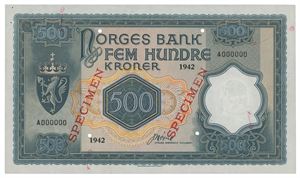500 kroner London 1942. A000000. Specimen. RRR. Stifthull, påført markeringer/pin hole, added marks