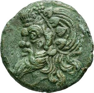 Thrakia, Pantikapeion, 4.årh. f.Kr., Æ24. Hode av Pan mot venstre/Bue og pil