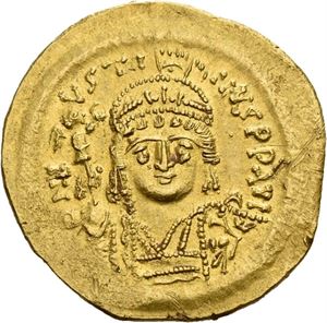 Justin II 565-578, solidus, Constantinople (4,44 g). R: Constantinopolis sittende mot høyre