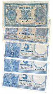 Lot 5 stk. 5 kroner 1948 D, 1952 I samt 4.utgave 5 kroner 1955 A og 1962 K (2 stk.).