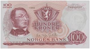 100 kroner 1962. Z0066953. Erstatningsseddel/replacement note.