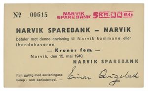 Narvik Sparebank, 5 kroner 15.mai 1940. No.00615