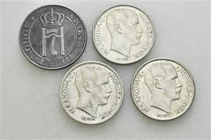Lot 4 stk. 1 krone 1914, 1915, 1917 og 5 øre 1917