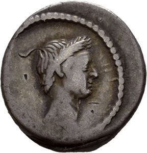 Julius Caesar. Assassinated 44 BC. AR denarius, Rome 42 BC, (3,91 g). Posthumous issue by the moneyer Mussidius Longus. Wreathed head of Julius Caesar right / L MVSSIDIVS LONGVS, Cornucopia on globe, rudder to left, caduceus and apex to right. Bankers marks on obverse and tiny edge cut. Deep old cabinet toning.