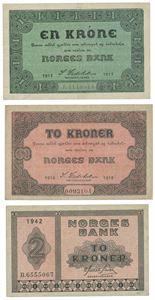 Lott 3 stk. 2 kroner 1918 og 1942 B, samt 1 krone 1917 F