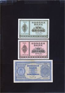 Lot 3 stk. 5 kroner 1947 C, 2 kroner 1943 C og 1 krone 1943 F