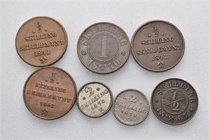 Norge, lot 7 stk. 2 skilling 1870, 1871 m/s, 1 skilling 1870, 1/2 skilling 1841, 1841 m/s, 1863 og 1867