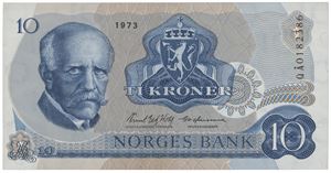 10 kroner 1973. QÅ0182386. Erstatningsseddel.
