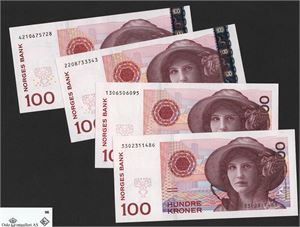 Lot 4 stk. 100 kroner 1995, 1999, 2003 og 2004