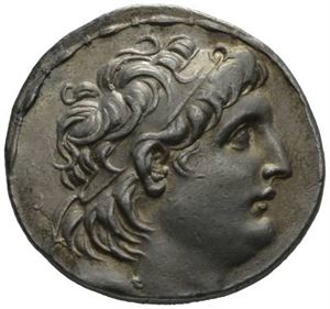 SYRIA, Antiochos VII 138-129 f.Kr., tetradrachme, Antiokia (16,35 . Hode av Antiochos mot høyre/Athene stående mot venstre